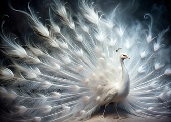 Fototapeta premium Ethereal white peacock with delicate feathers dissolves into wispy smoke, transforming into an abstract, monochromatic masterpiece of soft focus and surreal beauty.