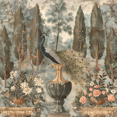 Vintage Roman-inspired mural wallpaper with a colorful garden scene featuring a peacock, forest, and botanical plants.