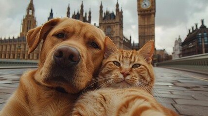A golden retriever and a ginger cat take a fun selfie with Big Ben and Westminster Bridge in London. Ideal for travel, friendship, and pet themes.
