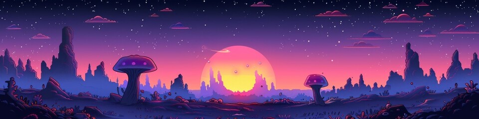 Naklejka premium A surreal landscape with vibrant colors and mushrooms. 