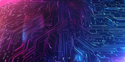 Circuit board with neon hues in closeup, showcasing advanced digital technology in a vibrant futuristic design