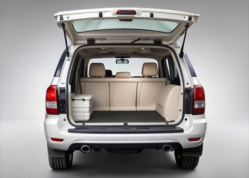 A pristine, spacious, 3D white SUV trunk is open, revealing an empty, illuminated interior, awaiting cargo, with rugged off-road capabilities in a isolated background.