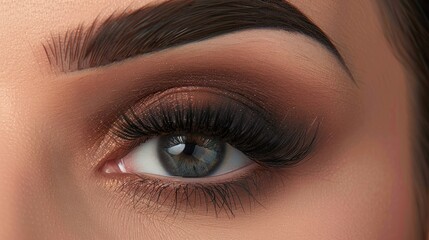 Fototapeta premium Detailed shot of a female eye with luxurious long false eyelashes, highlighting eyelash extensions and beauty makeup
