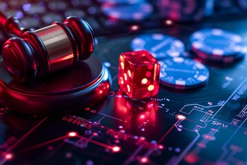 Gavel and red dice on black background.