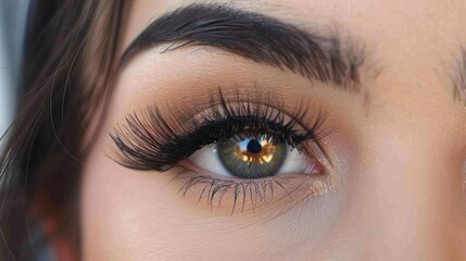 Obraz premium Female eye close-up with dramatic long false eyelashes, showcasing the artistry of eyelash extensions and beauty makeup