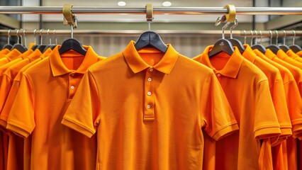 Three empty orange polo collar shirts on a store shelf, symbolizing friendly diverse employees working together in a vibrant and inclusive supermarket environment.