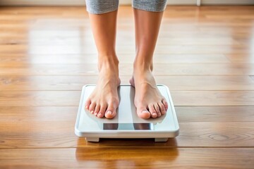 person stand on digital scale. Weight measure and control
