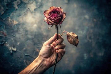hand hold withered wilted rose on gloomy background