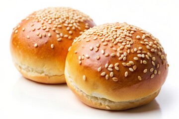 Freshly baked soft buns sprinkled with sesame seeds sit side by side on a clean white background, tempting with their warm, inviting, and appetizing presence.