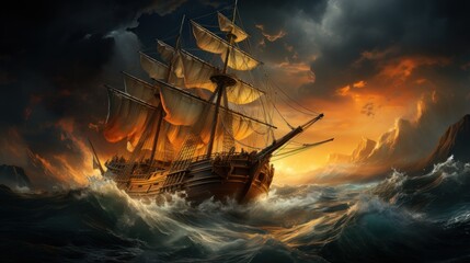 Obraz premium A ship sailing through a stormy sea