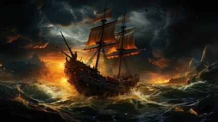 Obraz premium A ship sailing through a stormy sea