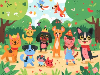 Obraz premium A cheerful gathering of playful animals celebrating in a vibrant, colorful forest scene full of joy and friendship.