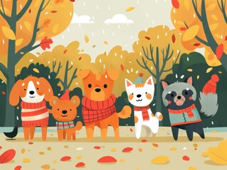 Fototapeta premium A cheerful group of cartoon animals in autumn attire, surrounded by colorful leaves and a vibrant forest landscape.
