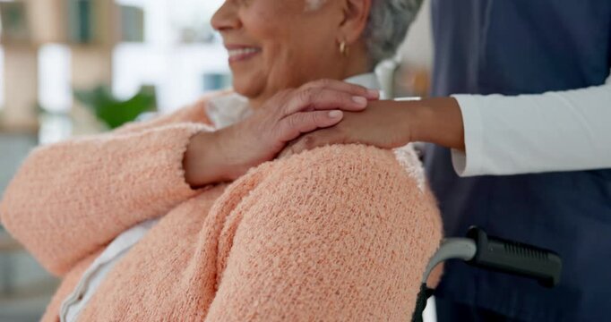 Senior, woman and nurse hands in wheelchair, support and care in retirement home for person with a disability. Caregiver, assisted living and together for comfort, medical and healthcare service
