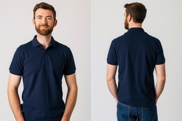 A man is standing against a white background wearing a navy blue polo shirt