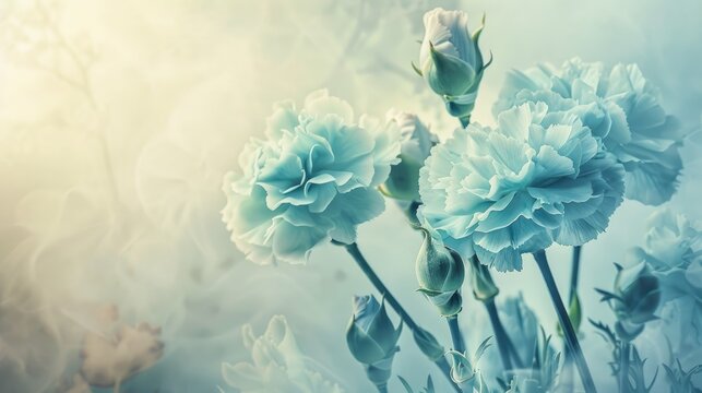 Vintage card design with blue carnation macro, abstract floral background, retro art and botanical concept for branding