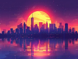 Fototapeta premium A vibrant sunset over a city skyline, reflecting colorful hues in the water. Perfect for urban and travel themes.