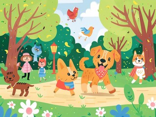 A whimsical scene with playful dogs and happy children in a vibrant park filled with trees and colorful flowers.