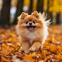 Fototapeta premium Small Pomeranian dog running through an autumn forest. The ground is covered with leaves. Fallen leaves on the ground