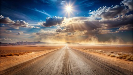 Dusty desert road disappearing into the horizon with a mirage effect, dusty, desolate, nature, isolated, heatwave, sunlight, vast, heat, arid, remote, barren, bleak, horizon,desert, mirage
