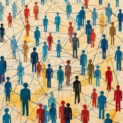 Simple human figures connected by lines, forming a large community, emphasizing unity and connection.