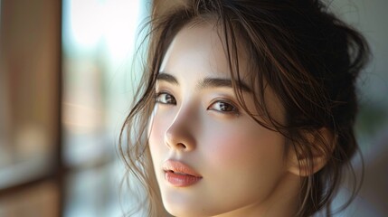 Naklejka premium Serene close-up of a beautiful Asian woman