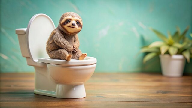 Miniature figurine toy of a sloth figurine struggling with constipation on a toilet, constipation, struggle, sloth figurine, unusual, toilet, restroom, miniature, cute, figurine, bathroom