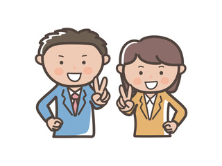 笑顔でピースをする若い男女会社員の上半身イラスト