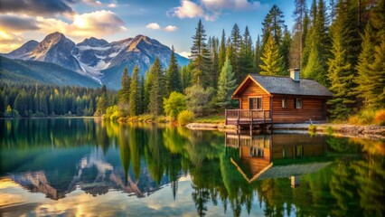 Fototapeta premium Generated image of a cabin on the lake in the forest with mountains in the background, daytime.