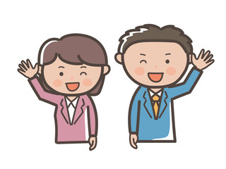 笑顔で挨拶する若い男女会社員の上半身イラスト