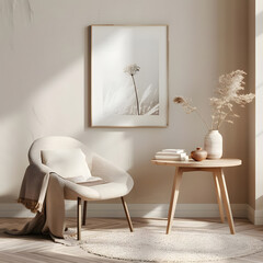 Modern living room interior with eating table and armchair, surrounded by a minimalist frame.