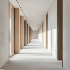 Obraz premium Empty office hallway with white walls and wooden accents, conveying a sense of calmness and serenity.