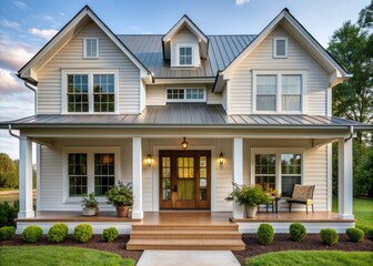 Obraz premium Exterior architecture image of modern farmhouse front door porch