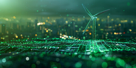 Wind turbine illuminated by green lights on a digital landscape, showcasing renewable energy and technology integration for a sustainable future.