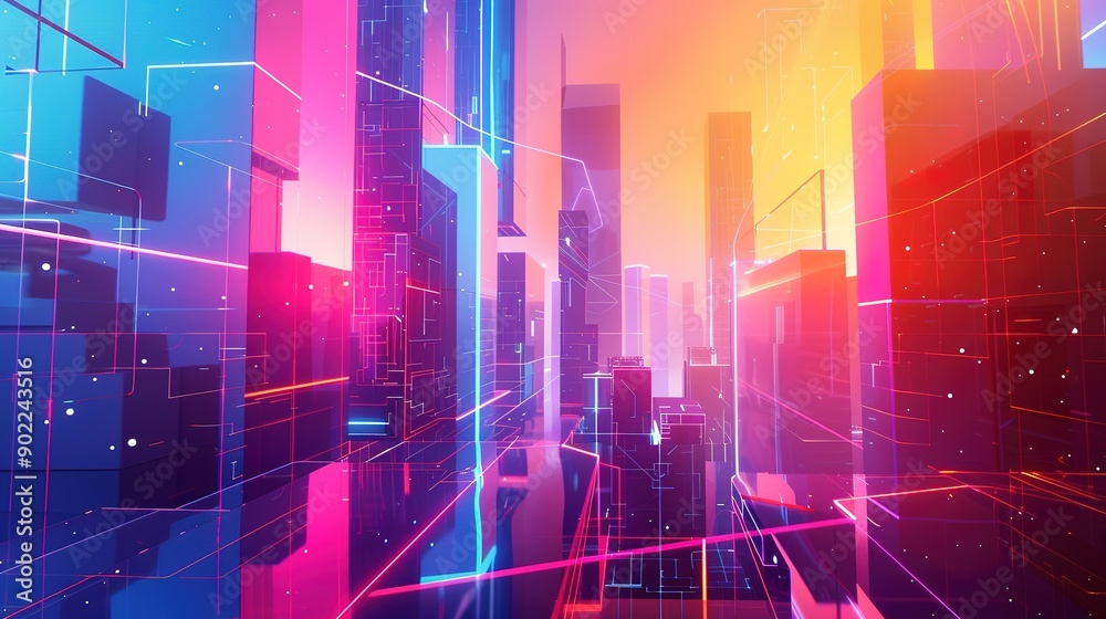 Poster spectacular computer screen view illustration of futuristic architecture with digital connection