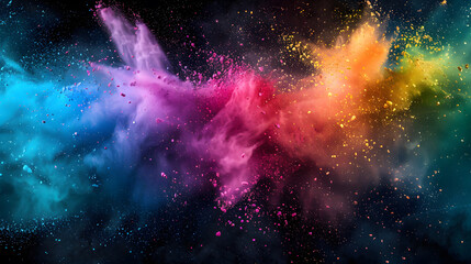 Abstract color powder splash rainbow background with paint holi smoke, powder explosion dust ink burst, splatter white texture isolated on black spray
