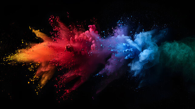 Abstract color powder splash rainbow background with paint holi smoke, powder explosion dust ink burst, splatter white texture isolated on black spray
