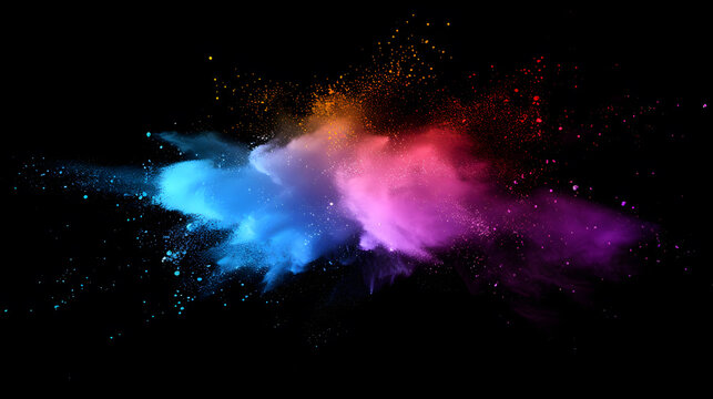 Abstract color powder splash rainbow background with paint holi smoke, powder explosion dust ink burst, splatter white texture isolated on black spray