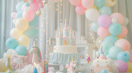 Unicorn horse with a rainbow and vivid complementary color balloons.cake castle at dining room.kid birthday party.