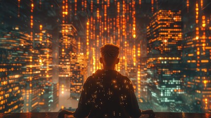 Futuristic Cityscape with Digital Data Streams at Night