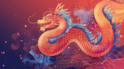 Fototapeta premium Vibrant Chinese Dragon Illustration with Fiery Colors and Mythical Design