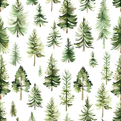 Whimsical seamless pattern of watercolor pine trees and spruces on white background, featuring gentle lines and subtle colors.
