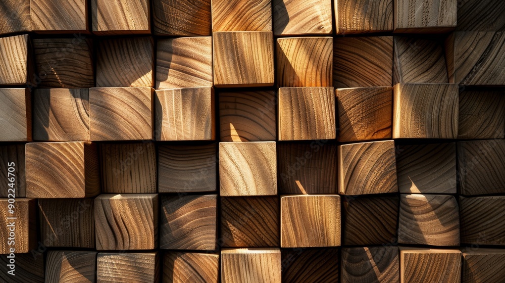 Poster wooden cube pattern with sunlight shadows