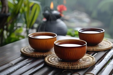 a group of brown cups on a table.
