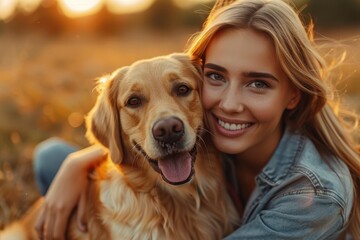 Beautiful Young Woman in Jeans and T-Shirt Playing with Cute Labrador Dog Outdoors &ndash; Smiling and Hugging on Lawn at Sunset, Close-Up Portrait, High Detail, Stock Photo

