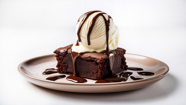 Postre brownir de chocolate con helado de vainilla con cubierta de chocolte l&iacute;quido