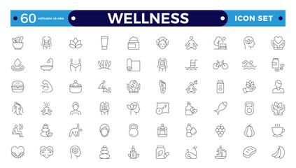 Set of outline icons related to wellness, well-bein, mental health, healthcare, cosmetics, spa, medical, massage, yoga, spa, relaxation,  exercise, diet,. Outline icon collection. Wellness icon set. 
