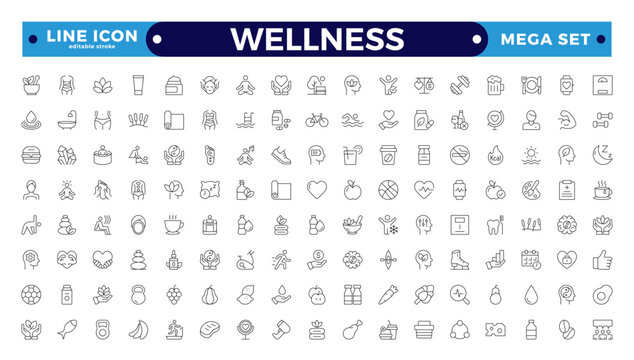Set of outline icons related to wellness, well-bein, mental health, healthcare, cosmetics, spa, medical, massage, yoga, spa, relaxation,  exercise, diet,. Outline icon collection. Wellness icon set. 
