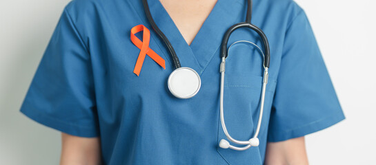 Doctor with Orange Ribbon for Leukemia, Kidney cancer day, world Multiple Sclerosis, CRPS, Self...