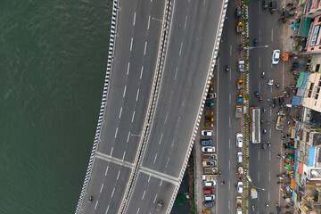 Aerial view of Kanaka Durga flyover in Vijayawada, is a second largest city in the state of Andhra Pradesh in India.